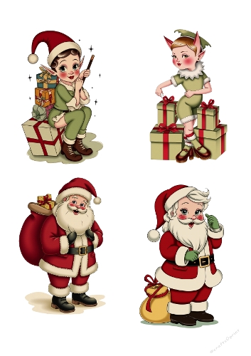 Four Festive Christmas Character Illustrations – Elves and Santa Claus with Gifts and Gold, A4 Printable JPEG