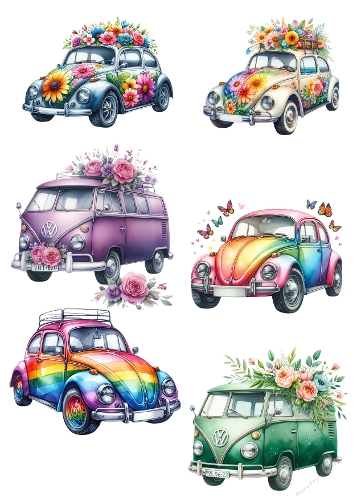 Six Retro Volkswagen Beetle Illustrations – Colorful Floral Designs with Butterflies, Rainbow Pastel Palette, A4 Printable JPEG