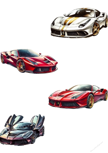 Three Ferrari Sports Car Illustrations – Red, White, and Silver Cars with Golden Alloy Wheels, High-Resolution A4 JPEG