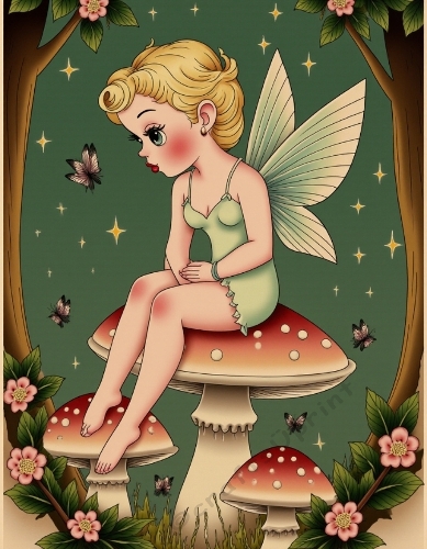 Blonde Fairy with Green Wings Sitting on Mushroom – Whimsical Digital Illustration with Flowers and Butterflies, A4 Printable JPEG