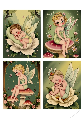 Four Whimsical Fairy Illustrations – Pastel Fairies Sleeping on Mushrooms, Sitting on Lily Pad, Hugging Flower, A4 Printable JPEG