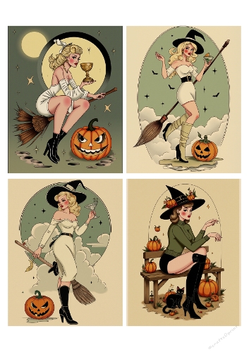 Four Vintage Halloween Witch Illustrations – Blonde Woman with Hats, Brooms & Pumpkins under Moonlight, A4 Printable JPEG