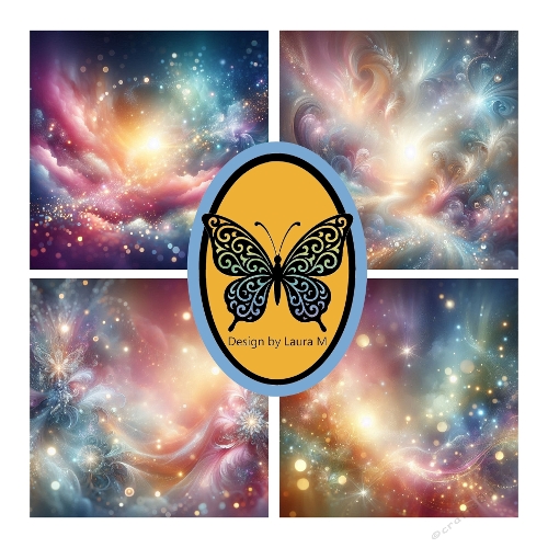 Four Ethereal Sky Digital Artworks – Swirling Pink, Blue & Gold Clouds with Stars and Glowing Orbs, A4 Printable JPEG