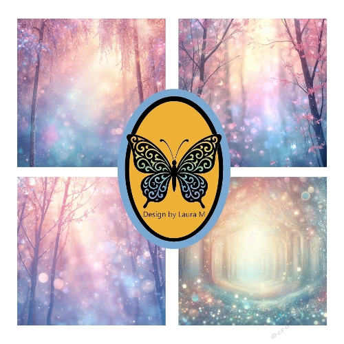 Four Ethereal Forest Scenes – Pastel Pink, Blue & Gold Digital Artwork with Glowing Light and Bokeh Effects, A4 Printable JPEG