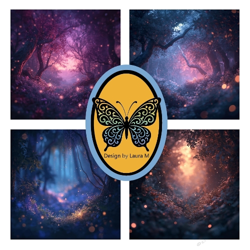 Four Twilight Forest Scenes – Fantasy Digital Artwork in Purple, Blue & Warm Glows with Twinkling Lights, A4 Printable JPEG