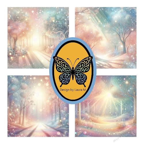 Fantastical Dreamy Landscapes – Ethereal Four-Panel Digital Artwork with Pastel Colors, Glowing Trees & Sparkling Snow 