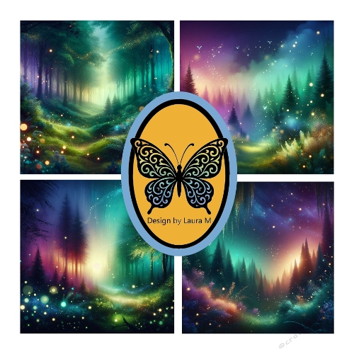 Enchanted Night Forest Scenes – Vibrant Digital Painting with Fireflies and Ethereal Light, Four Magical Panels
