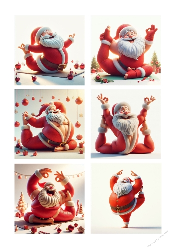 Santa Claus Yoga Digital Illustration – Six Festive Poses with Holiday Decorations, A4 Printable JPEG