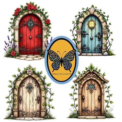 Four Fantasy Doors – Hand-Drawn Red, Blue, Beige & Turquoise Doors with Vines and Flowers, Digital Illustration A4 JPEG