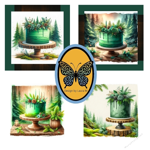 Green-Themed Birthday Cakes on Rustic Stands in Forest
