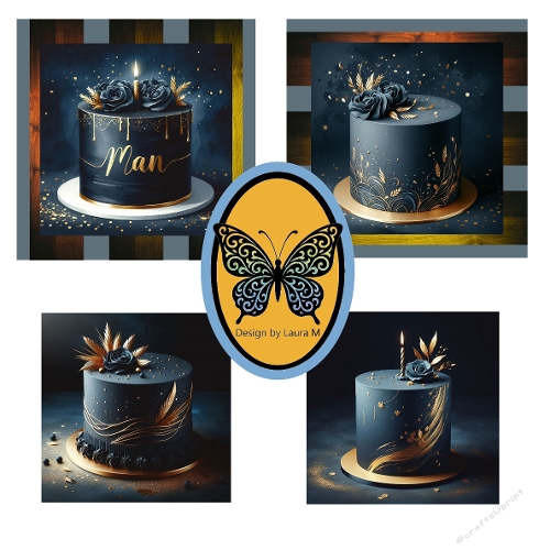 Four Elegant Dark Blue Cakes with Gold Accents – Man Name