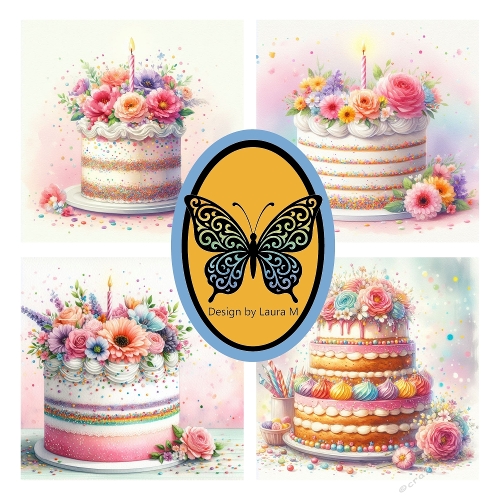 Four Whimsical Pastel Cakes with Flowers and Sprinkles