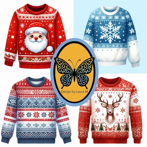 Festive Christmas Sweater Collage – Santa, Reindeer & Snowflake Designs (Set of 4)
