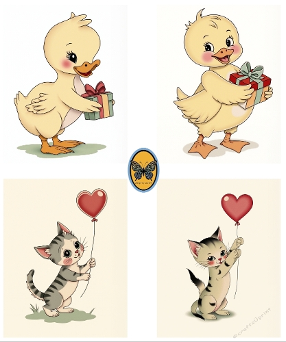 Vintage Cute Baby Animals – Duck with Gift and Kittens with Balloons