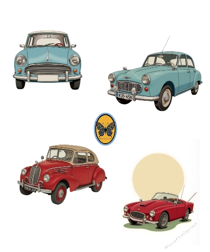 Four Vintage Cars in Blue, Red & Beige