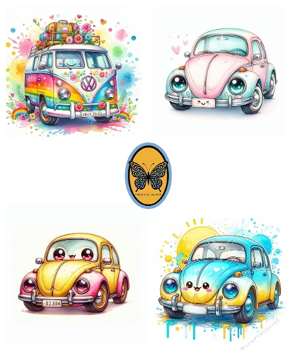 Whimsical Pastel VW Beetles – Colorful Cars with Hearts