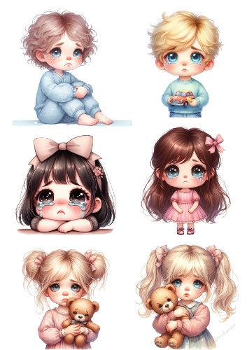 Crying Watercolor Children – Emotional Digital Illustration Set