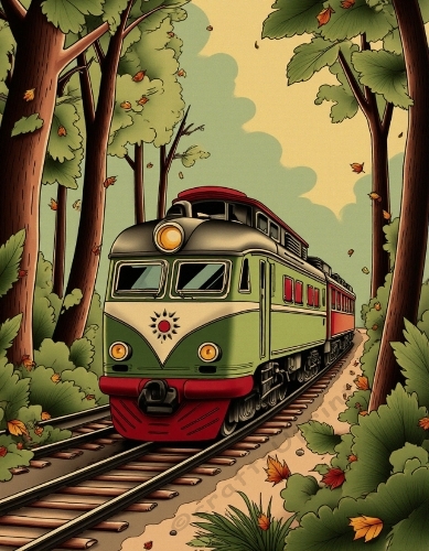 Vintage Autumn Train Journey – Nostalgic Forest Illustration