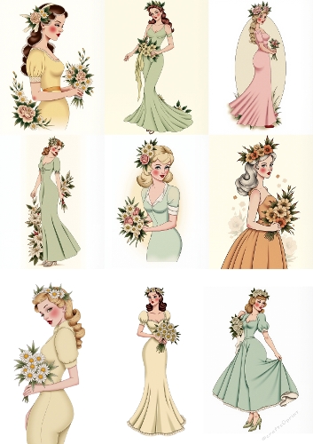 Vintage Brunette Lady in Pastel Gowns – 9-Panel Illustration