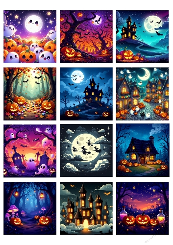 Halloween Digital Collage – 9 Spooky Illustrations