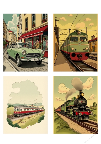 Vintage Green Vehicles – Fiat 1100 & Trains Illustrations
