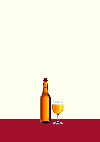 Flat Beer Bottle & Glass Illustration – Red and Beige Background