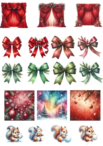Christmas Decorations Digital Collage – Red Velvet, Green Bows & Snowy Pines