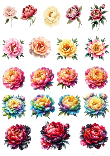 Vibrant Peony Flower Grid – 16 Colorful Floral Illustrations