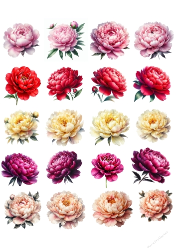 Vibrant Peony Collection – 20 Realistic watercolor Floral Illustrations in 4x4 Grid