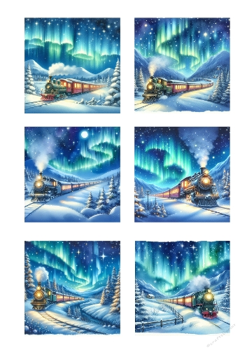 Winter Train Journey – 6 Aurora & Snow Landscape Paintings