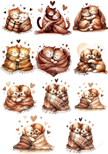 Cozy Watercolor Kittens and Puppies – Adorable Snuggly Animal Illustration
