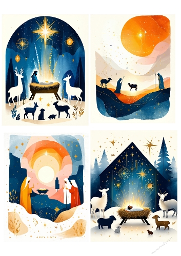Vibrant Digital Nativity Scenes – 4 Christmas Illustrations