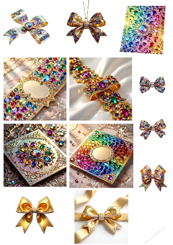 Glittery Bows and Gemstone Brooches – Rainbow Gradient Digital Collage