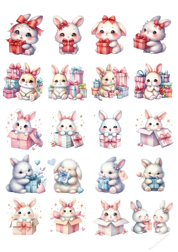 16 Watercolor Pastel Bunnies with Gift Boxes and Hearts