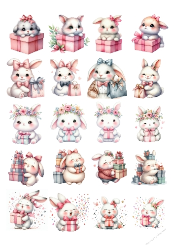 24 Adorable Watercolor White Bunnies with Pink Bows and Gift Boxes