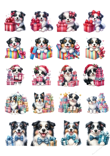 20 Watercolor Border Collies with Festive Hats and Gift Boxes – Holiday & Celebration Illustrations