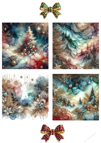4 Watercolor Christmas Tree Illustrations with Ornaments, Snowflakes & Gold Accents
