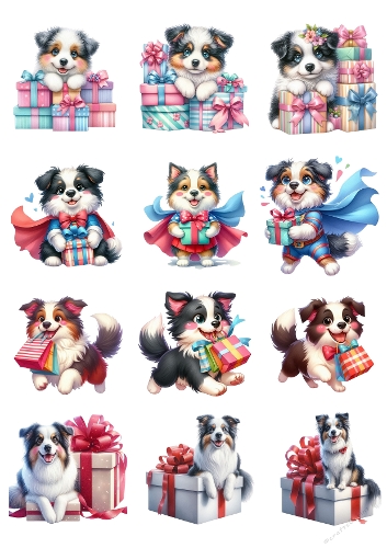 12 Watercolor Border Collie Illustrations in Festive Outfits with Gifts