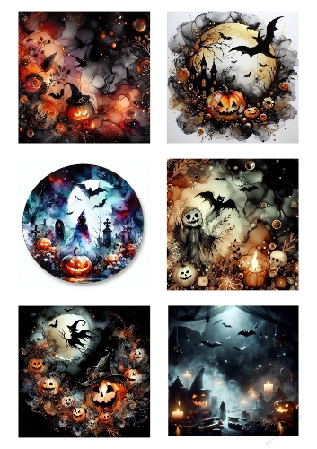 Six Circular Gothic Halloween Digital Artworks with Bats, Skulls, and Jack-o-Lanterns