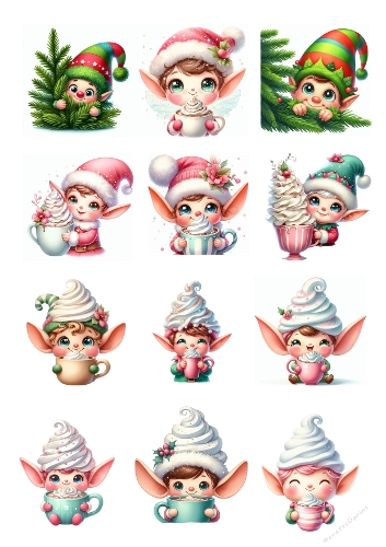 12 Playful Christmas Elves – Whimsical Holiday Digital Illustration