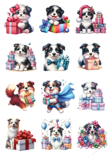 9 Festive Black-and-White Border Collie Puppies – Whimsical Digital Illustration