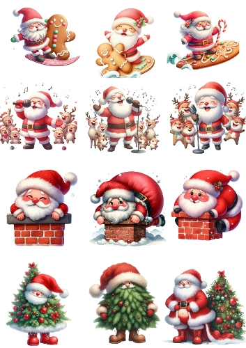 Festive Santa Claus Christmas Illustration – Digital Holiday Art with Reindeer and Tree