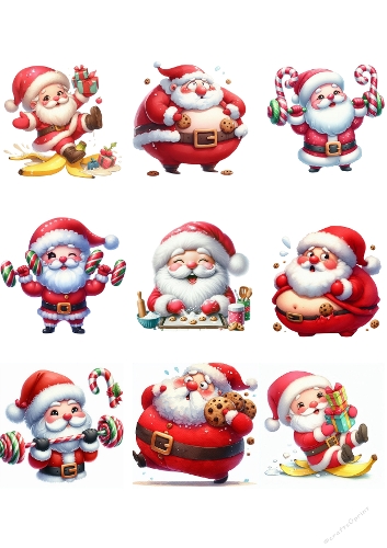 Nine Cheerful Cartoon Santas with Candy Canes, Cookies, and Gifts