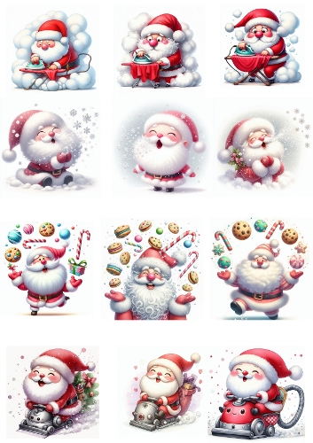 Nine Playful Santa Clauses in Festive Christmas Scenes