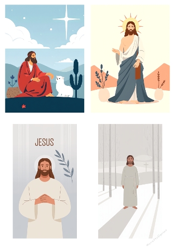 Four Peaceful Illustrations of Jesus in Soft Pastel Scenes