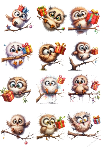 15 Adorable Watercolor Owls with Gifts – Whimsical Christmas Illustration