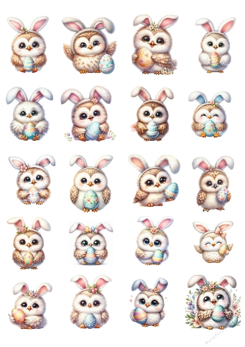 16 Adorable Baby Owls with Easter Eggs – Whimsical Watercolor Illustration