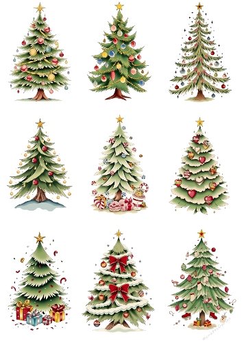 Festive Christmas Tree Collection – 9 Digital Illustrations with Ornaments and Gifts