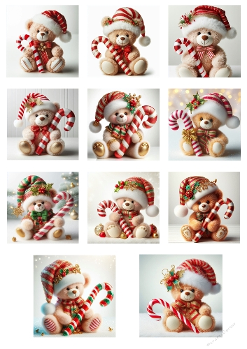 Adorable Christmas Teddy Bears with Candy Canes and Holly – Festive Holiday Illustration