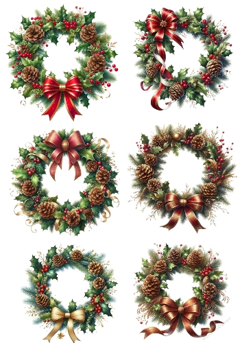 Festive Christmas Wreath Collection – Six Unique Holiday Designs with Pinecones, Holly & Ribbons